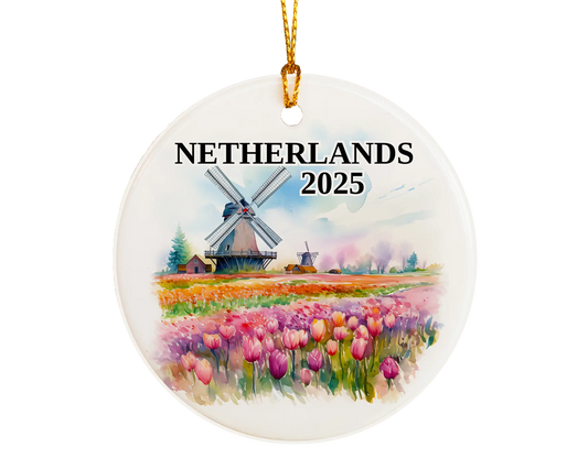 Custom Netherlands ceramic photo ornament with personalized message – handmade Christmas bauble, gift souvenir, or vacation keepsake.  
