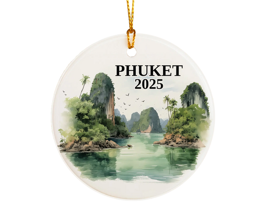 Custom Phuket Thailand ceramic photo ornament with personalized message – handmade Christmas bauble, gift souvenir, or vacation keepsake. 