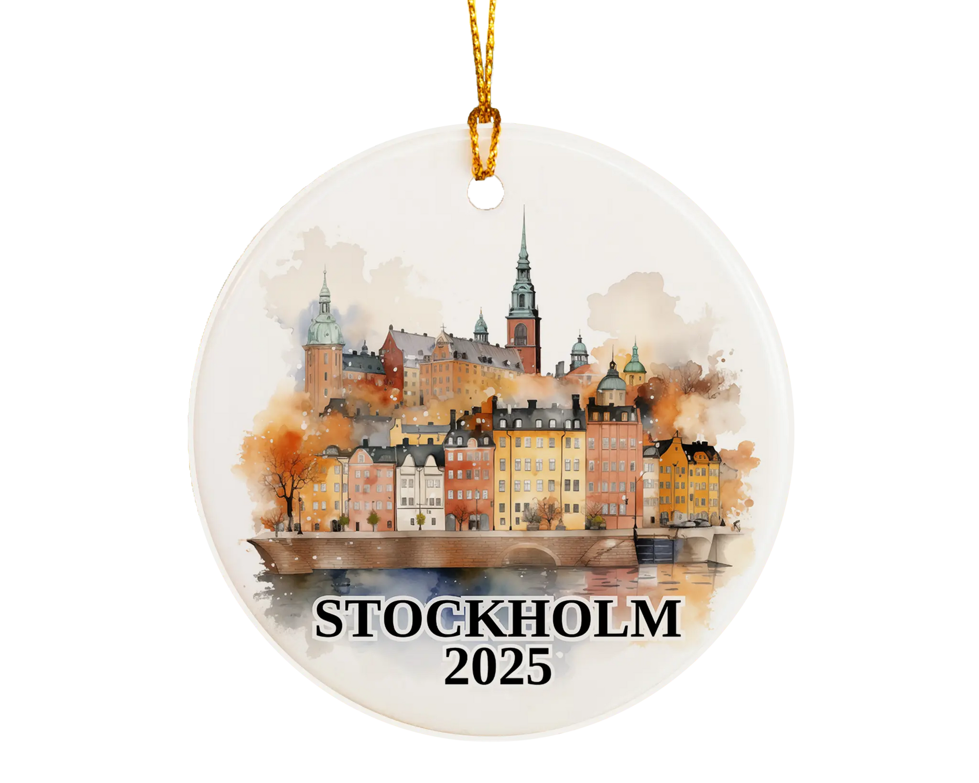 Custom Stockholm Sweden ceramic photo ornament with personalized message – handmade Christmas bauble, gift souvenir, or vacation keepsake. 