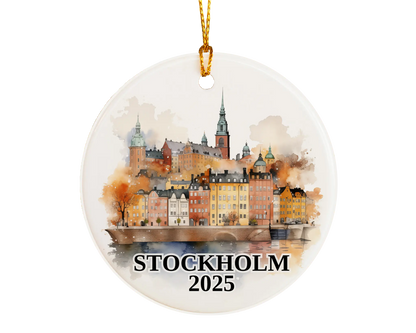 Custom Stockholm Sweden ceramic photo ornament with personalized message – handmade Christmas bauble, gift souvenir, or vacation keepsake. 