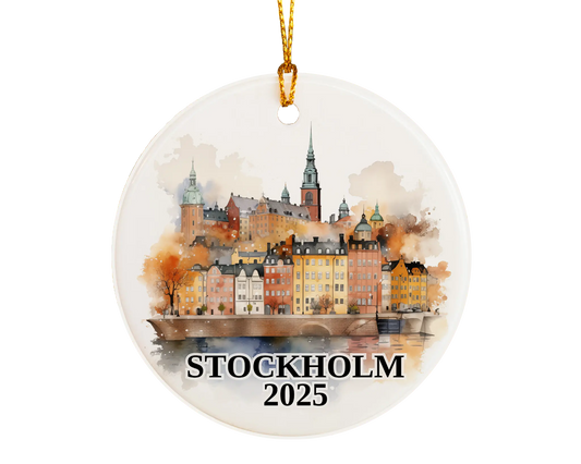 Custom Stockholm Sweden ceramic photo ornament with personalized message – handmade Christmas bauble, gift souvenir, or vacation keepsake. 