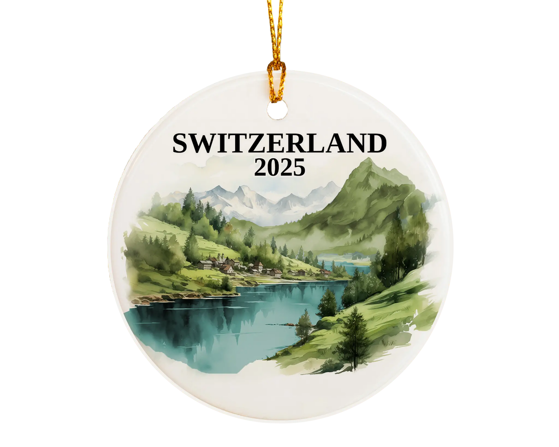 Custom Switzerland ceramic photo ornament with personalized message – handmade Christmas bauble, gift souvenir, or vacation keepsake. 