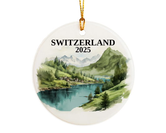 Custom Switzerland ceramic photo ornament with personalized message – handmade Christmas bauble, gift souvenir, or vacation keepsake. 