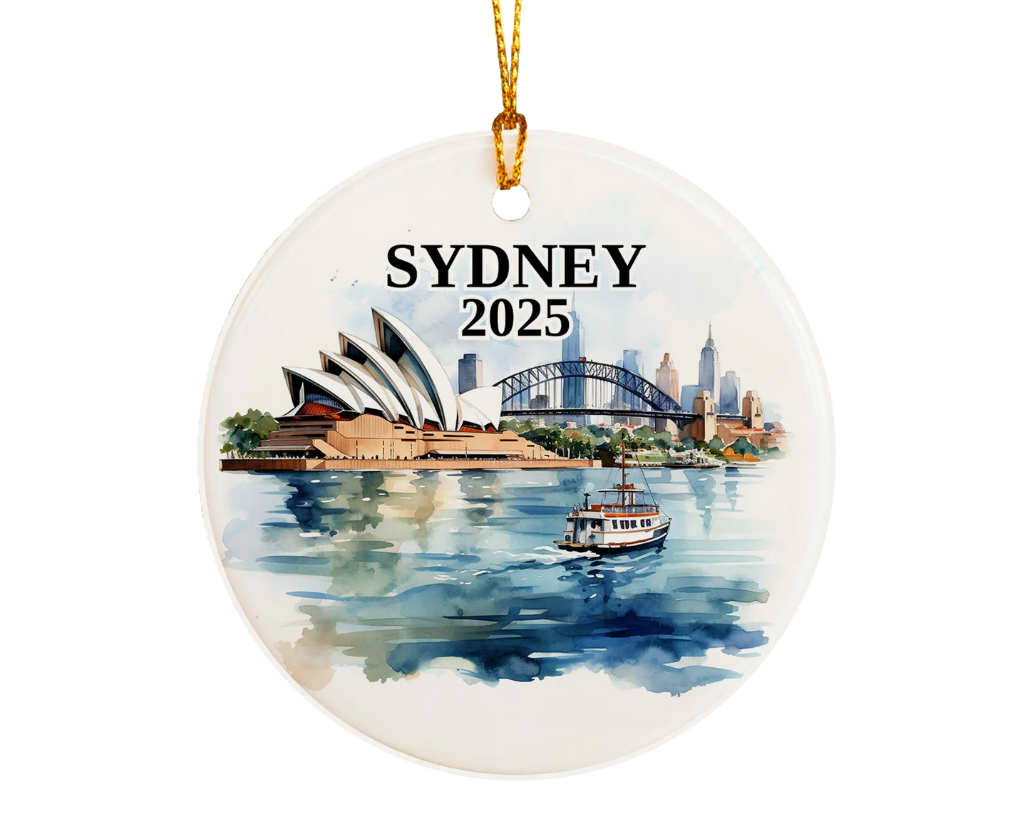 Custom Sydney Australia ceramic photo ornament with personalized message – handmade Christmas bauble, gift souvenir, or vacation keepsake. 