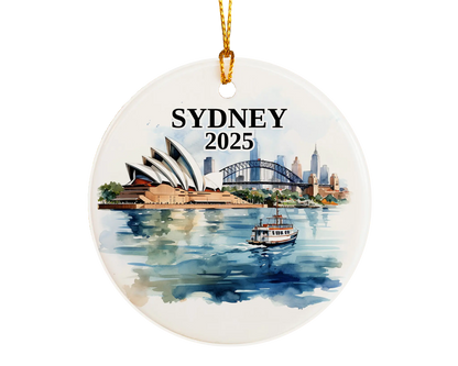 Custom Sydney Australia ceramic photo ornament with personalized message – handmade Christmas bauble, gift souvenir, or vacation keepsake. 