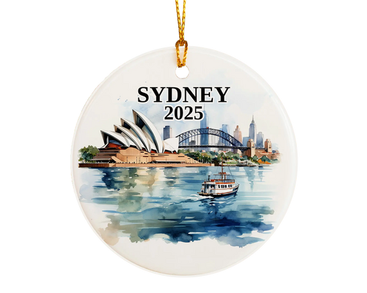 Custom Sydney Australia ceramic photo ornament with personalized message – handmade Christmas bauble, gift souvenir, or vacation keepsake. 