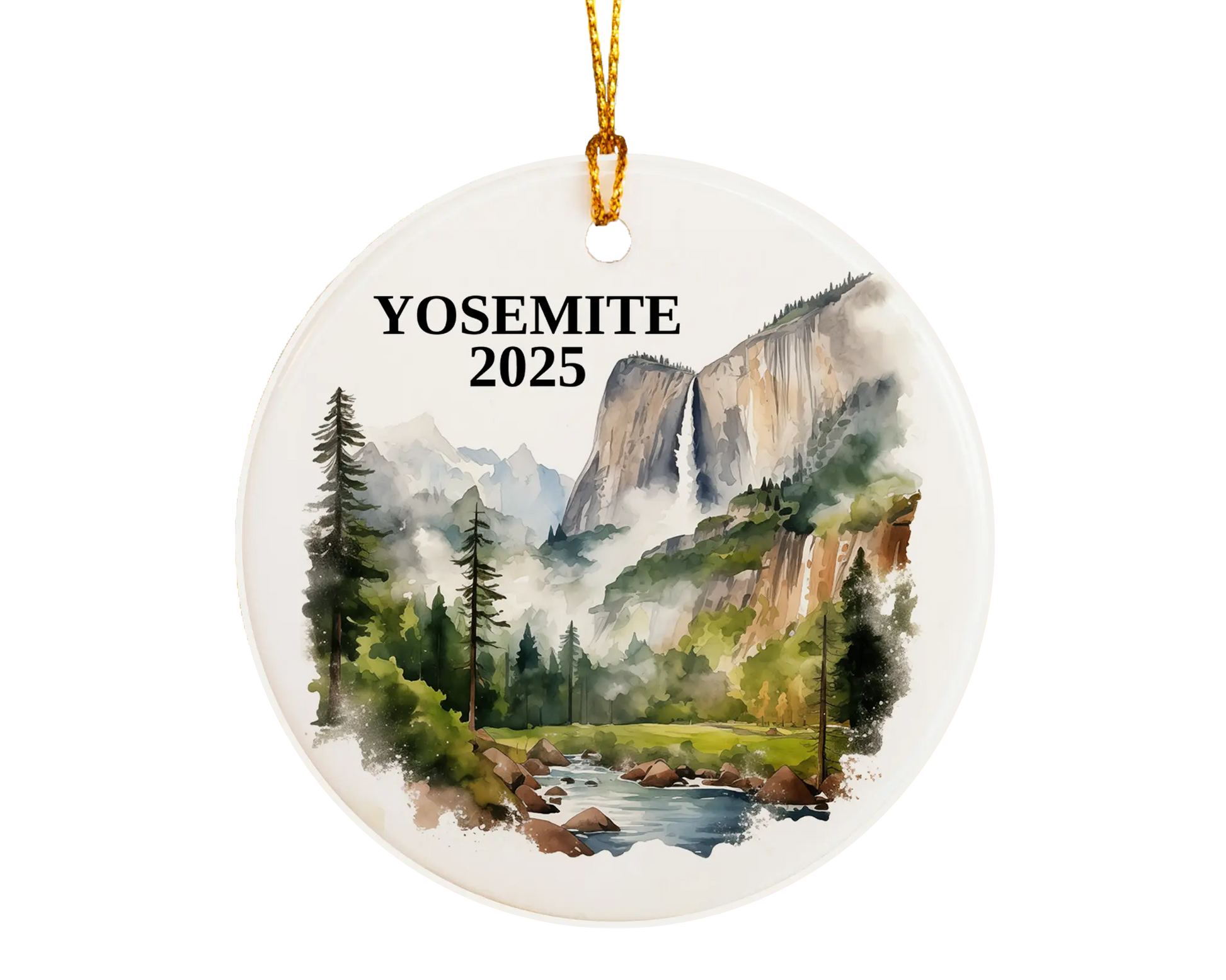 Custom Yosemite National Park ceramic photo ornament with personalized message – handmade Christmas bauble, gift souvenir, or vacation keepsake. 