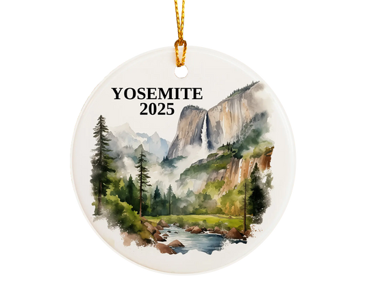 Custom Yosemite National Park ceramic photo ornament with personalized message – handmade Christmas bauble, gift souvenir, or vacation keepsake. 
