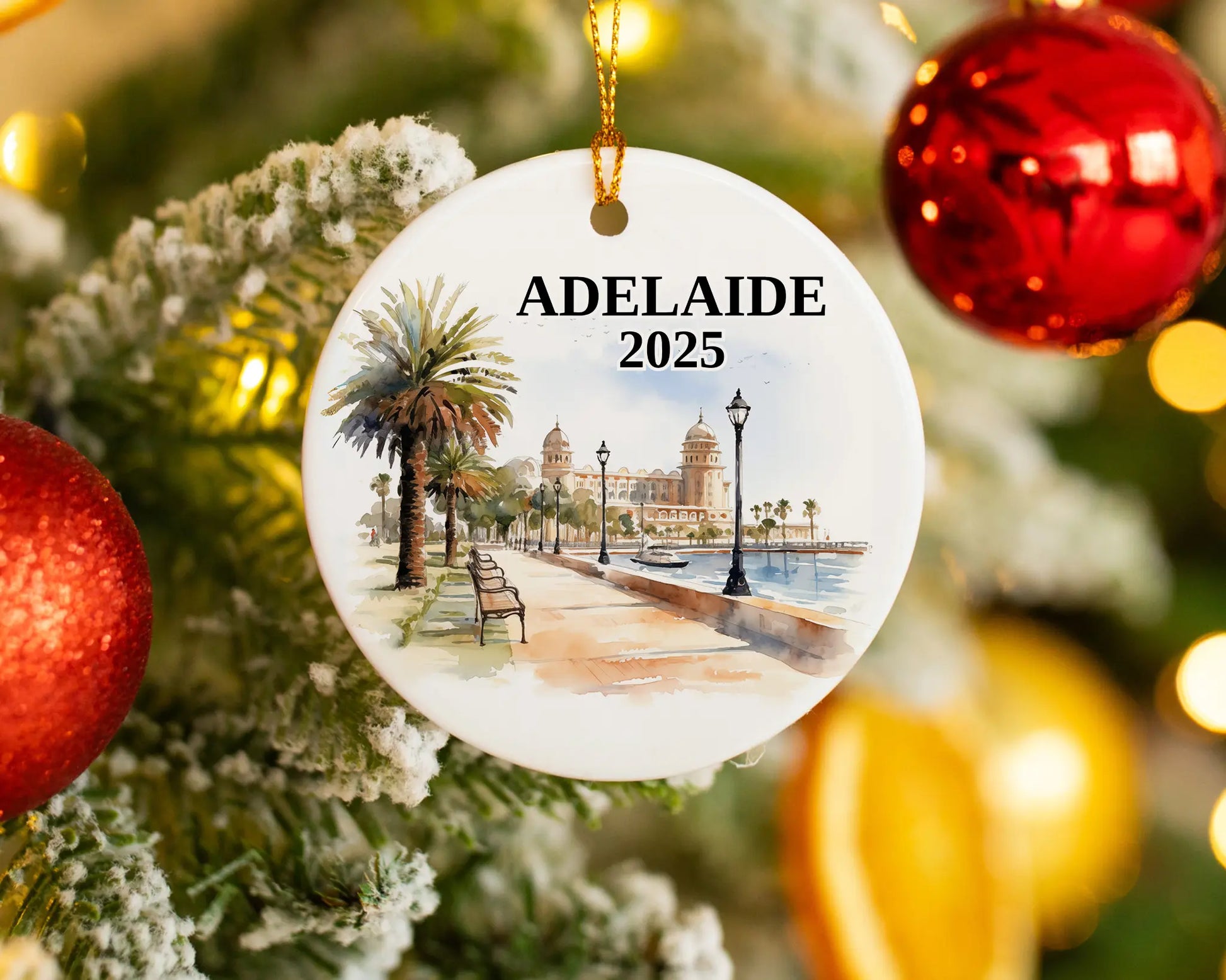 Adelaide Australia Custom ceramic photo ornament with personalized message – handmade Christmas bauble, gift souvenir, or vacation keepsake