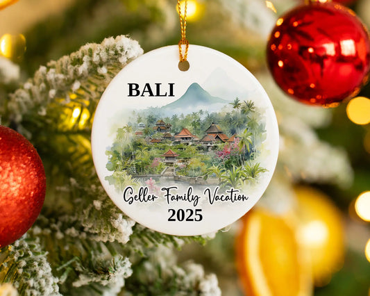 Custom vacation Bali Indonesia ceramic photo ornament with personalized message – handmade Christmas bauble, gift souvenir, or vacation keepsake. 