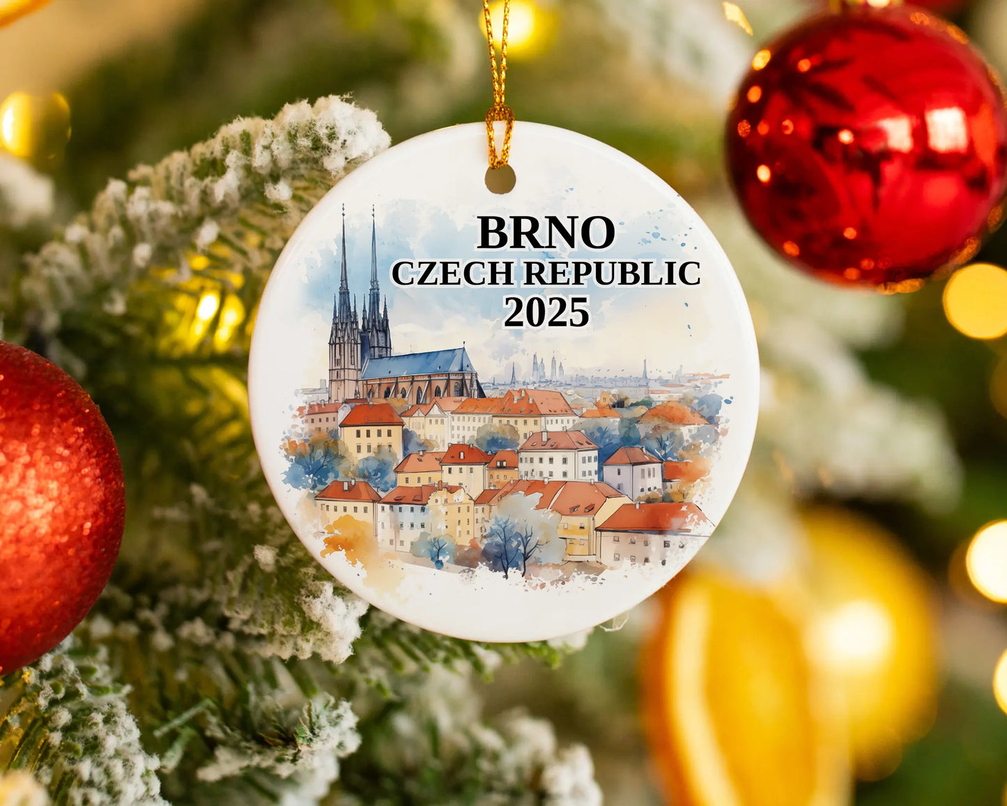 Custom Brno, Czech Republic ceramic photo ornament with personalized message – handmade Christmas bauble, gift souvenir, or vacation keepsake. 