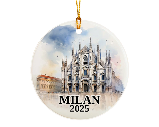 Custom Milan Italy ceramic photo ornament with personalized message – handmade Christmas bauble, gift souvenir, or vacation keepsake.  