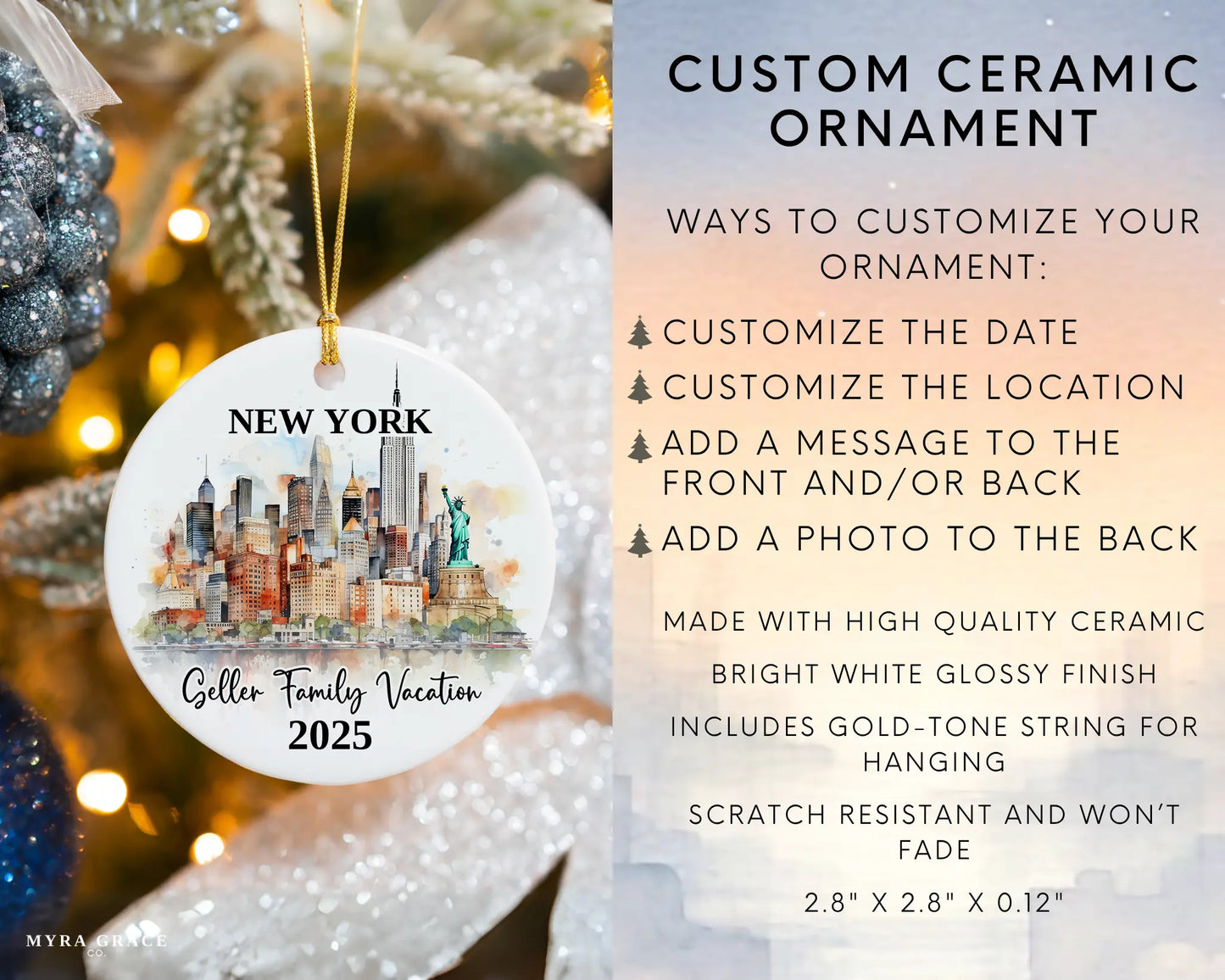 Custom vacation New York ceramic photo ornament with personalized message – handmade Christmas bauble, gift souvenir, or vacation keepsake. Infographic