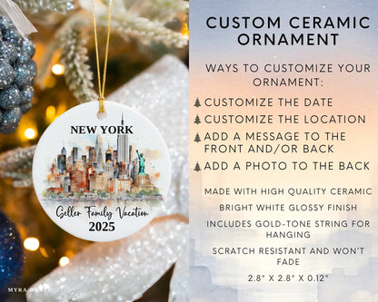 Custom vacation New York ceramic photo ornament with personalized message – handmade Christmas bauble, gift souvenir, or vacation keepsake. Infographic