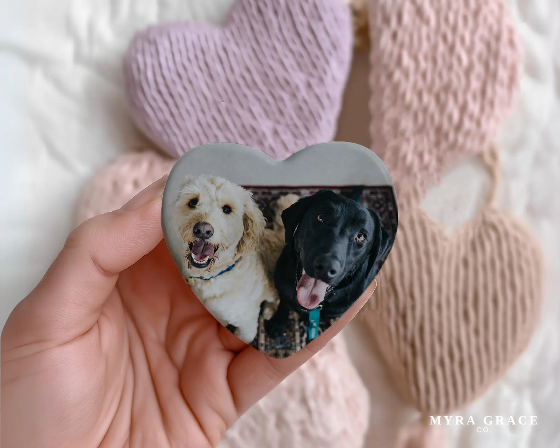 Heart-shaped custom dog ceramic photo magnet on fridge – handmade personalized gift or Christmas fridge magnet. 
