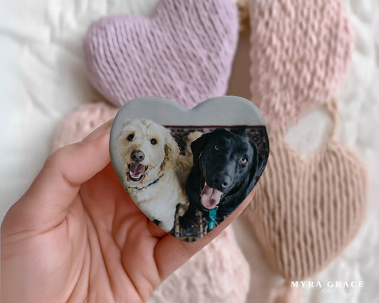 Heart-shaped custom dog ceramic photo magnet on fridge – handmade personalized gift or Christmas fridge magnet. 