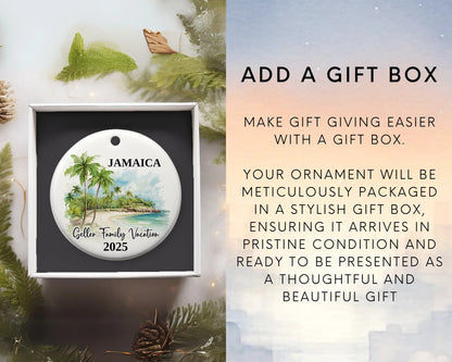 Custom vacation Jamaica ceramic photo ornament with personalized message – handmade Christmas bauble, gift souvenir, or vacation keepsake. Add gift box
