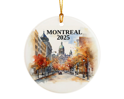 Custom Montreal Quebec ceramic photo ornament with personalized message – handmade Christmas bauble, gift souvenir, or vacation keepsake.  