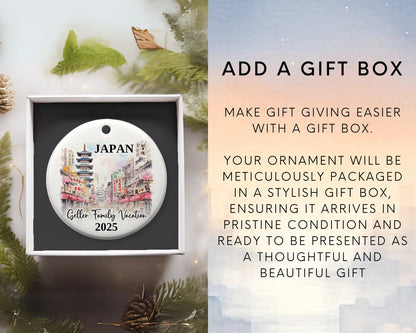 Custom vacation Japan ceramic photo ornament with personalized message – handmade Christmas bauble, gift souvenir, or vacation keepsake. Add gift box