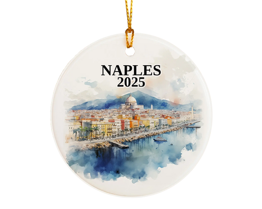 Custom Naples Italy ceramic photo ornament with personalized message – handmade Christmas bauble, gift souvenir, or vacation keepsake.  