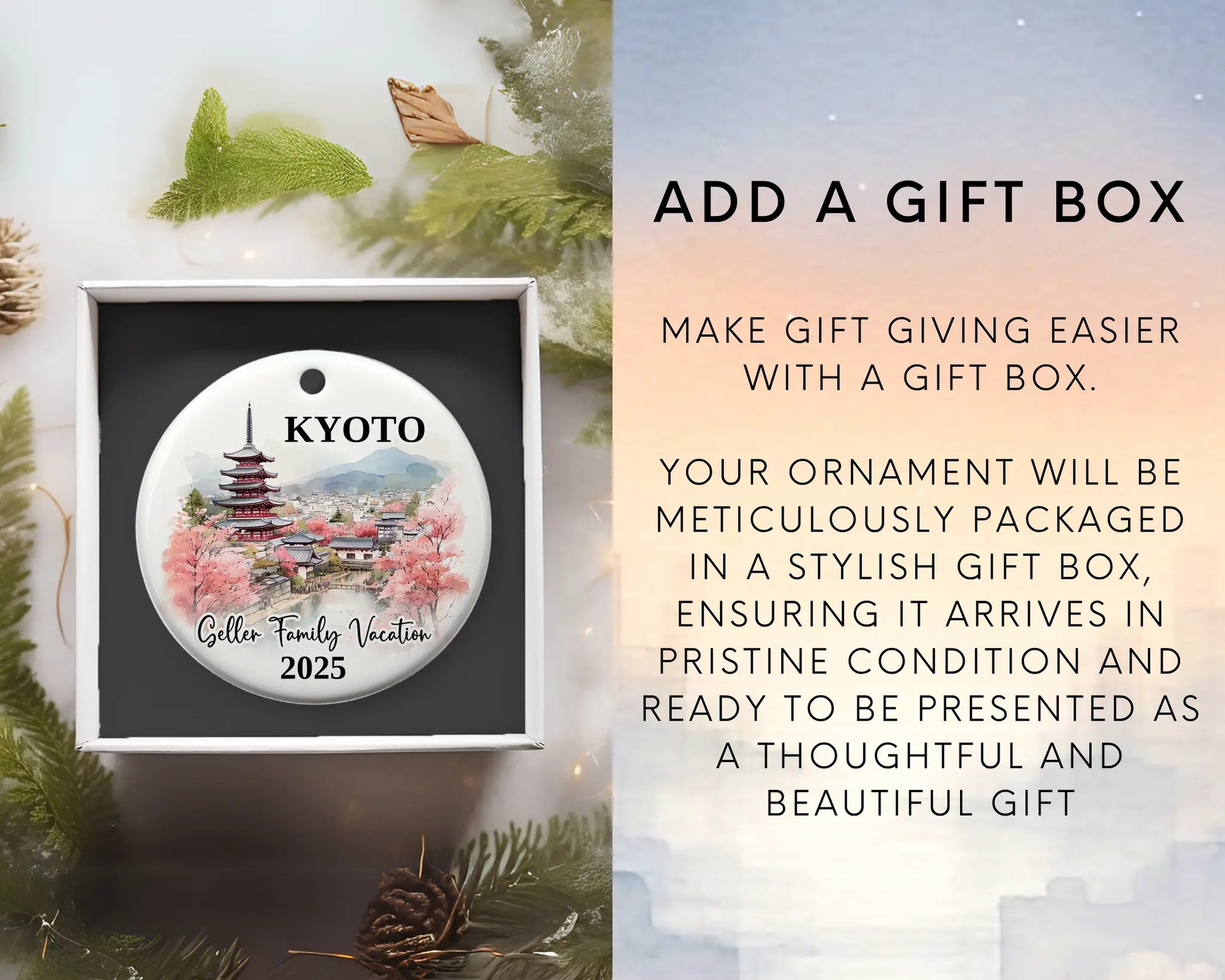 Custom vacation Kyoto Japan ceramic photo ornament with personalized message – handmade Christmas bauble, gift souvenir, or vacation keepsake. Add gift box