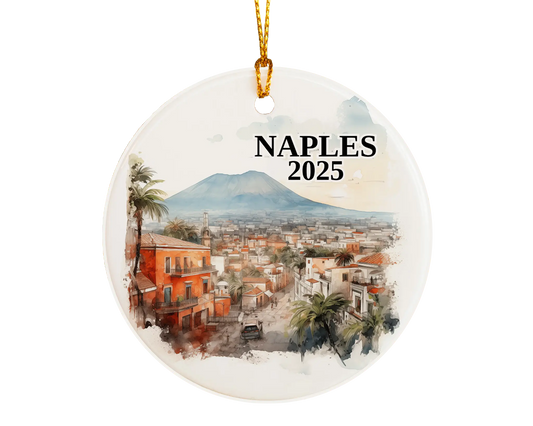 Custom Naples Italy ceramic photo ornament with personalized message – handmade Christmas bauble, gift souvenir, or vacation keepsake.  