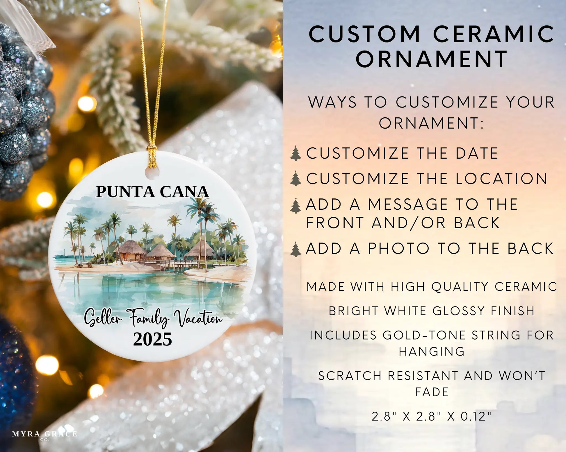 Custom vacation Punta Cana ceramic photo ornament with personalized message – handmade Christmas bauble, gift souvenir, or vacation keepsake. Infographic