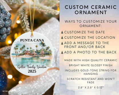 Custom vacation Punta Cana ceramic photo ornament with personalized message – handmade Christmas bauble, gift souvenir, or vacation keepsake. Infographic