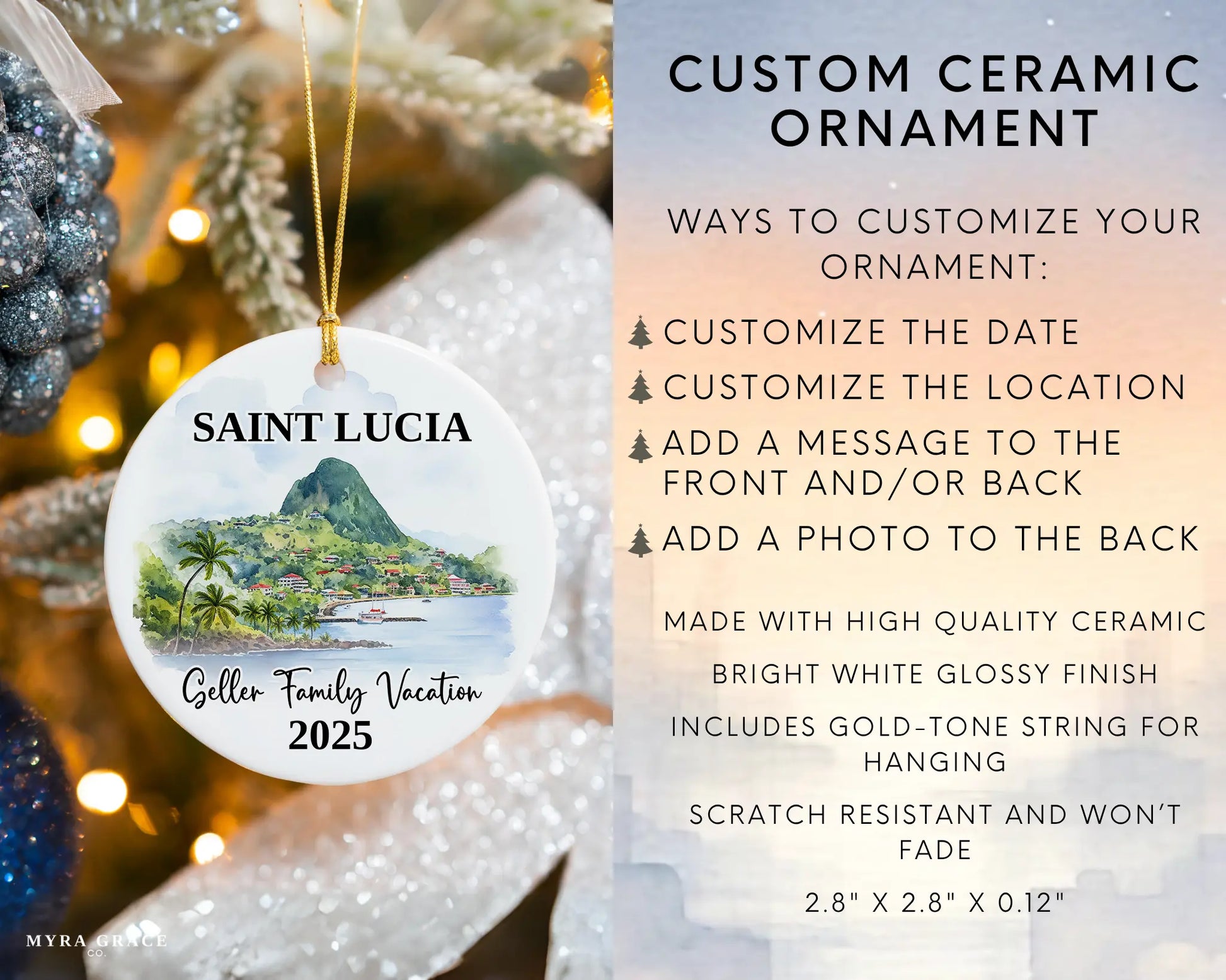 Custom vacation Saint Lucia ceramic photo ornament with personalized message – handmade Christmas bauble, gift souvenir, or vacation keepsake. Infographic