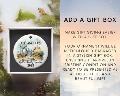 Custom vacation Los Angeles ceramic photo ornament with personalized message – handmade Christmas bauble, gift souvenir, or vacation keepsake. Add gift box