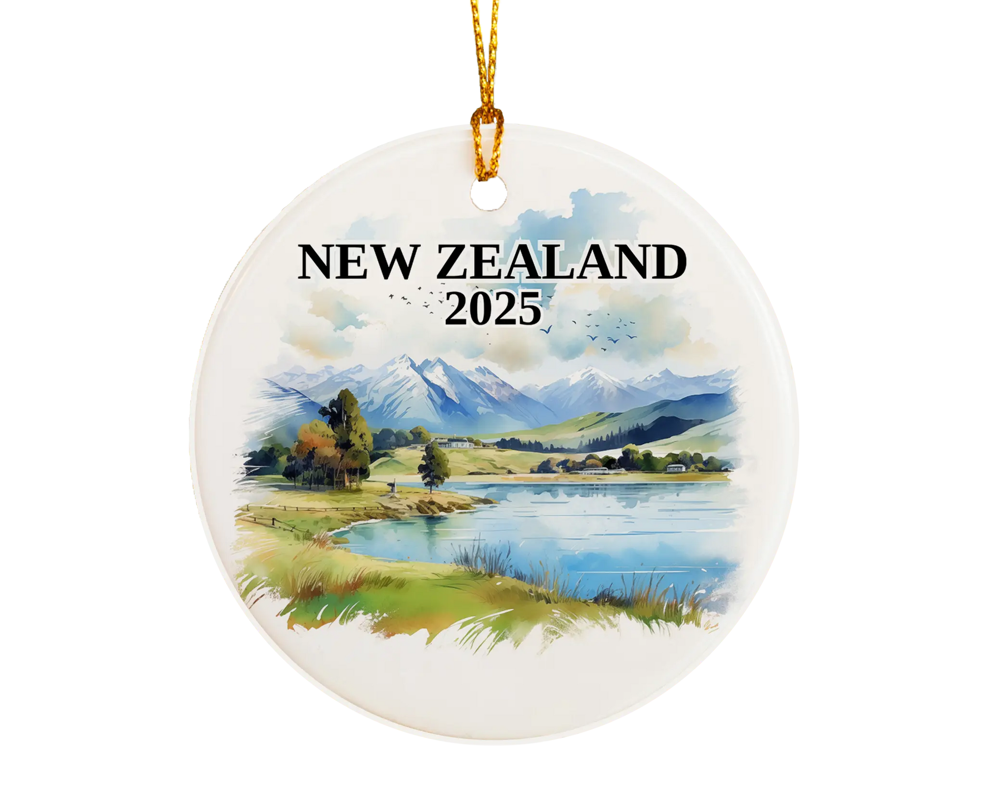 Custom New Zealand ceramic photo ornament with personalized message – handmade Christmas bauble, gift souvenir, or vacation keepsake.  
