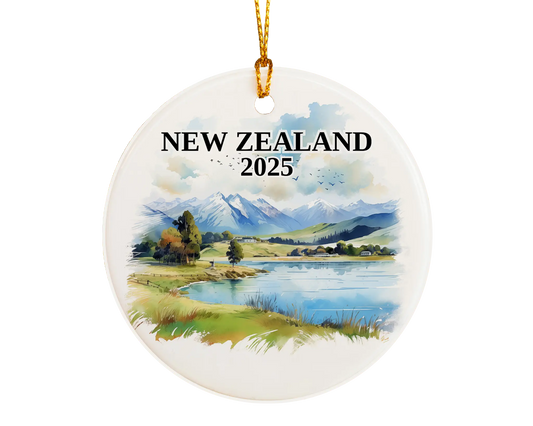 Custom New Zealand ceramic photo ornament with personalized message – handmade Christmas bauble, gift souvenir, or vacation keepsake.  
