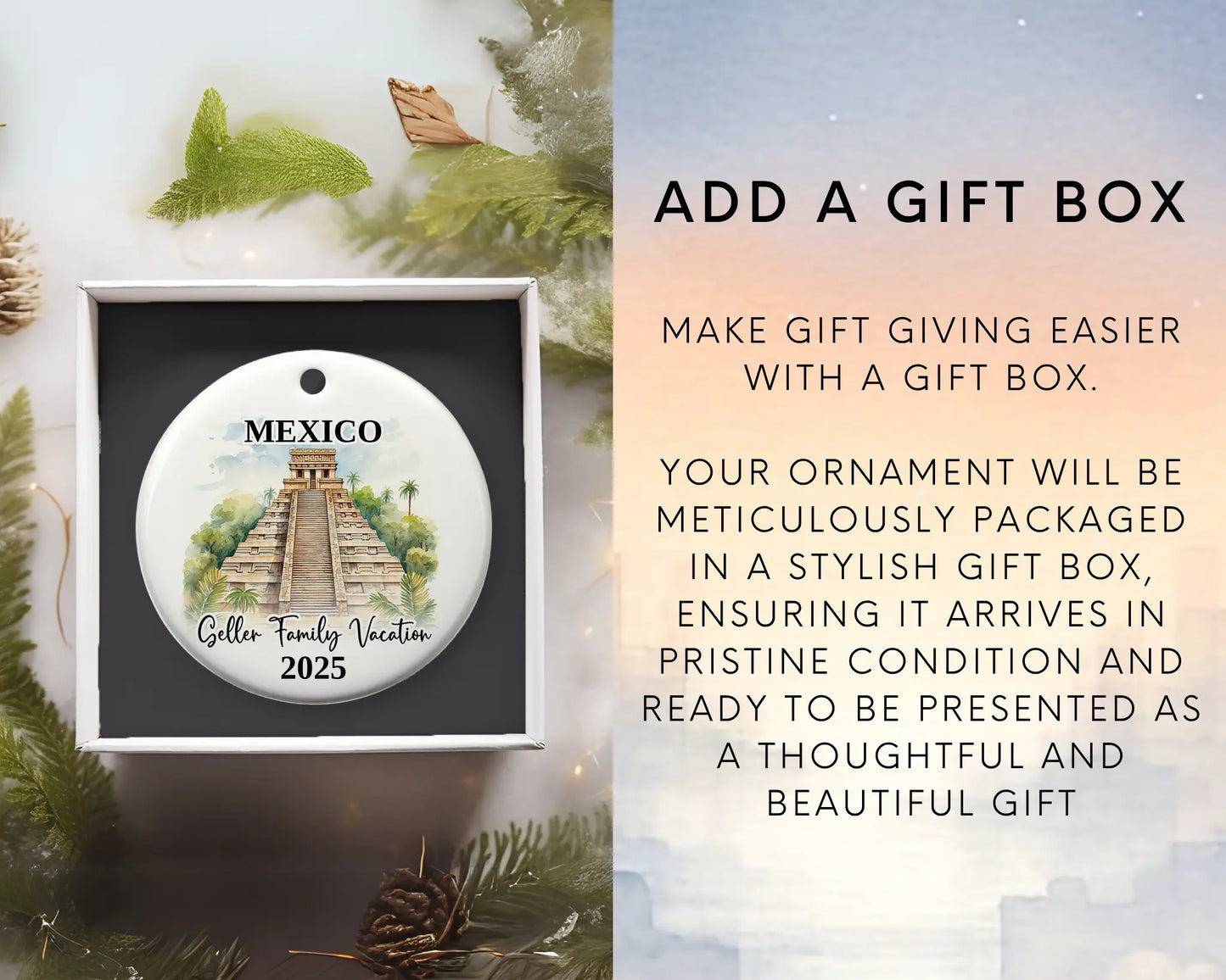 Custom vacation Mexico Pyramids ceramic photo ornament with personalized message – handmade Christmas bauble, gift souvenir, or vacation keepsake. Add gift box