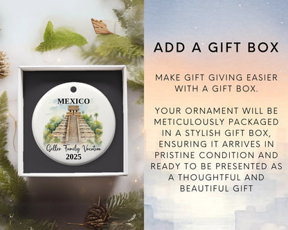 Custom vacation Mexico Pyramids ceramic photo ornament with personalized message – handmade Christmas bauble, gift souvenir, or vacation keepsake. Add gift box