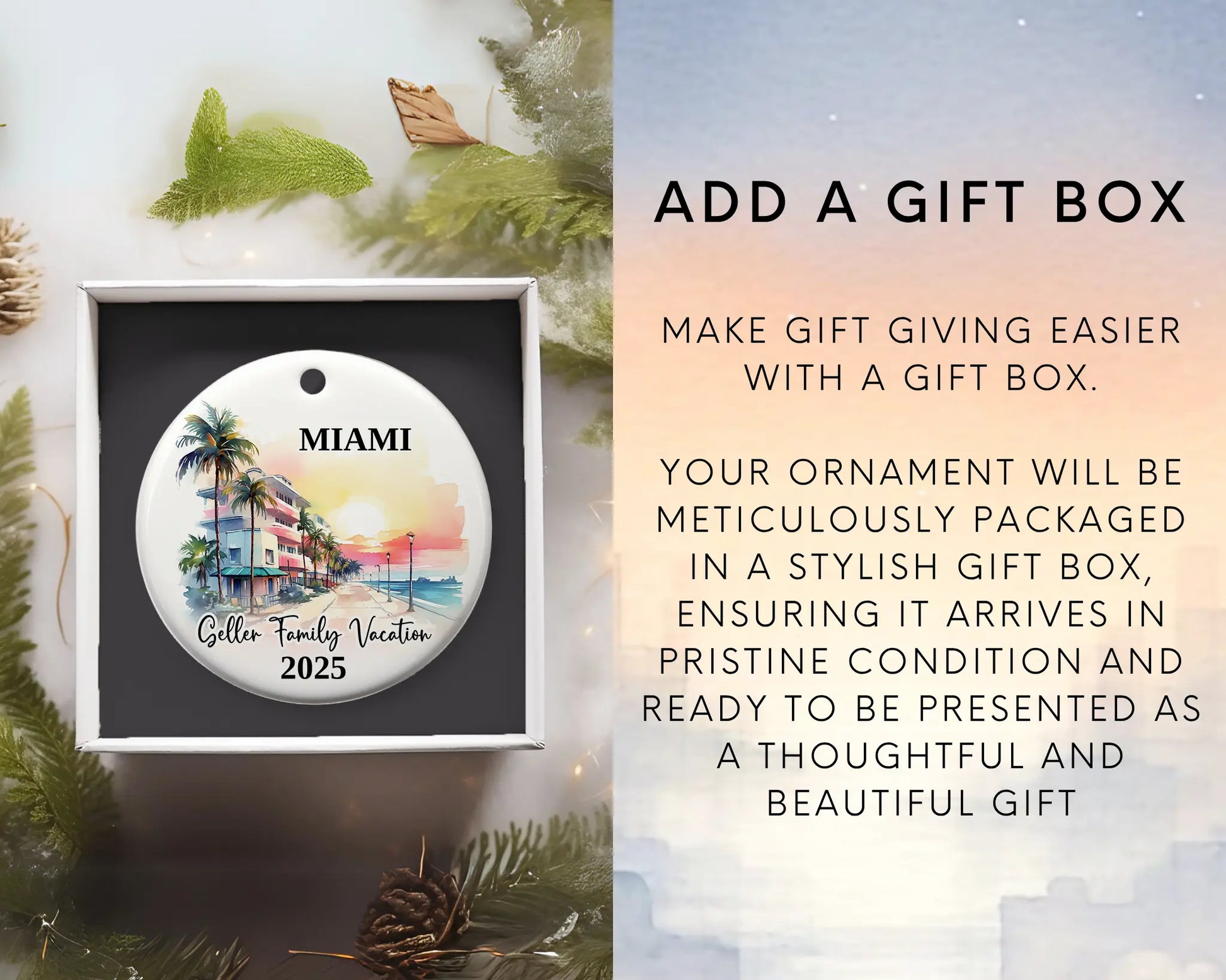 Custom vacation Miami Florida ceramic photo ornament with personalized message – handmade Christmas bauble, gift souvenir, or vacation keepsake. Add gift box