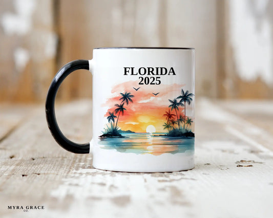 Custom ceramic Florida vacation mug with watercolor location design, date, and personal photo – personalized travel gift or photo mug. 