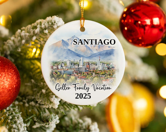 Custom vacation Santiago Chile ceramic photo ornament with personalized message – handmade Christmas bauble, gift souvenir, or vacation keepsake. 