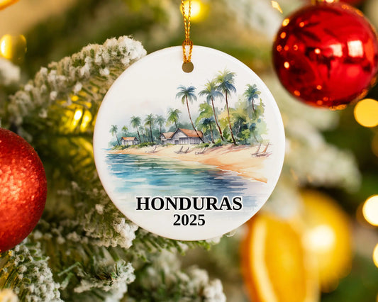 Custom Honduras ceramic photo ornament with personalized message – handmade Christmas bauble, gift souvenir, or vacation keepsake. 