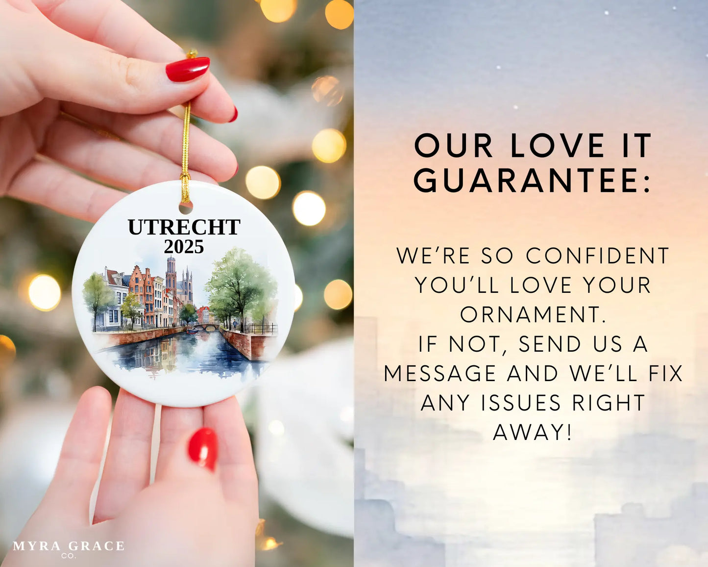 Utrecht Netherlands Ornament Custom Gift Souvenir Bauble. Custom Utrecht Netherlands ceramic photo ornament with personalized message – handmade Christmas bauble, gift souvenir, or vacation keepsake.  Love it guarantee