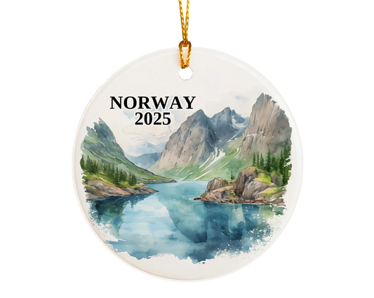 Custom Norway ceramic photo ornament with personalized message – handmade Christmas bauble, gift souvenir, or vacation keepsake.  
