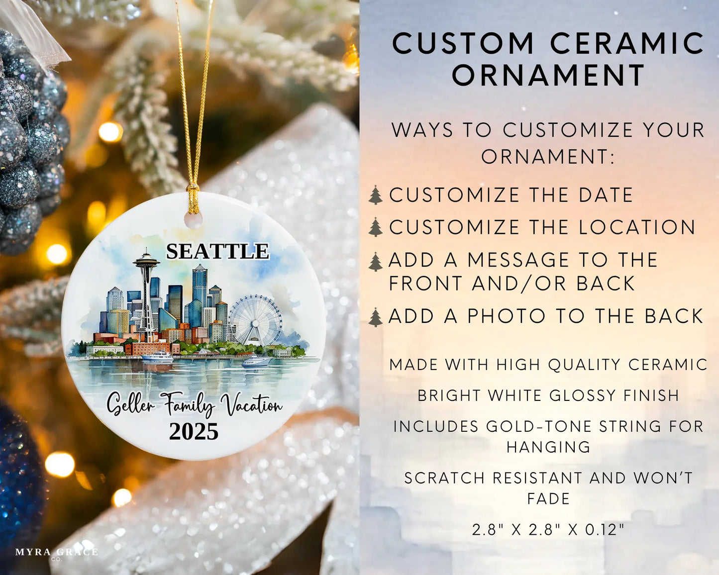 Custom vacation Seattle ceramic photo ornament with personalized message – handmade Christmas bauble, gift souvenir, or vacation keepsake. Infographic