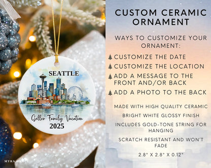 Custom vacation Seattle ceramic photo ornament with personalized message – handmade Christmas bauble, gift souvenir, or vacation keepsake. Infographic