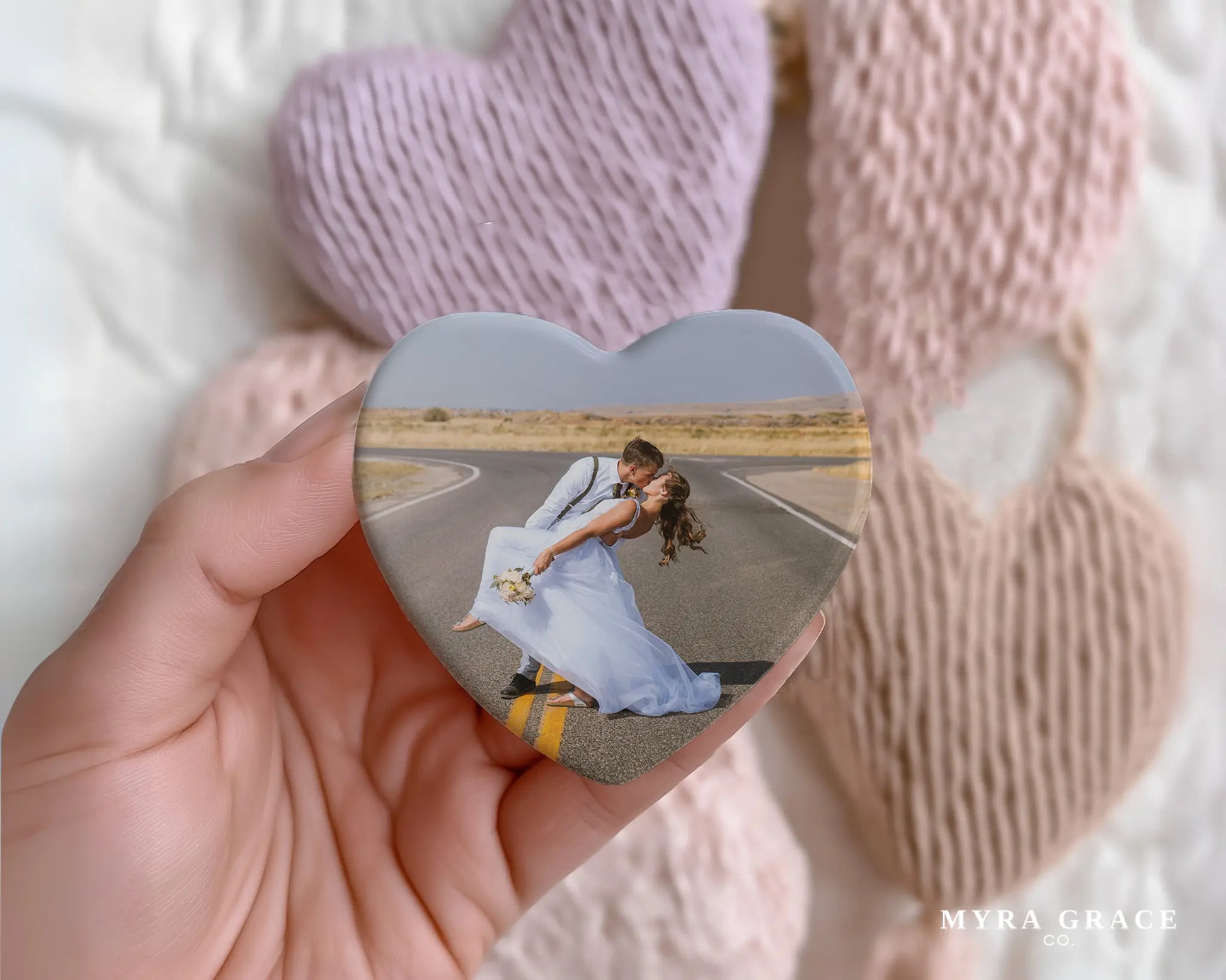 Heart-shaped custom Wedding ceramic photo magnet on fridge – handmade personalized gift or Christmas fridge magnet. 