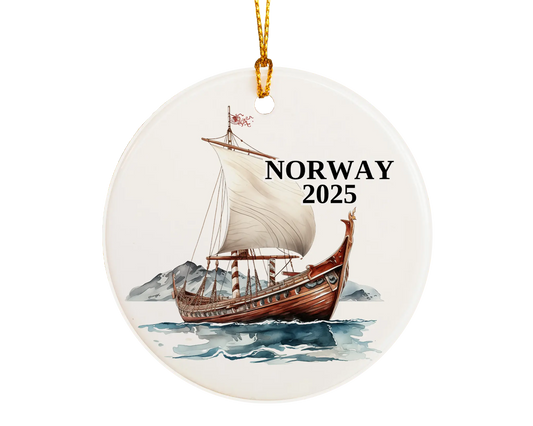 Custom Norway Vikings ceramic photo ornament with personalized message – handmade Christmas bauble, gift souvenir, or vacation keepsake.  