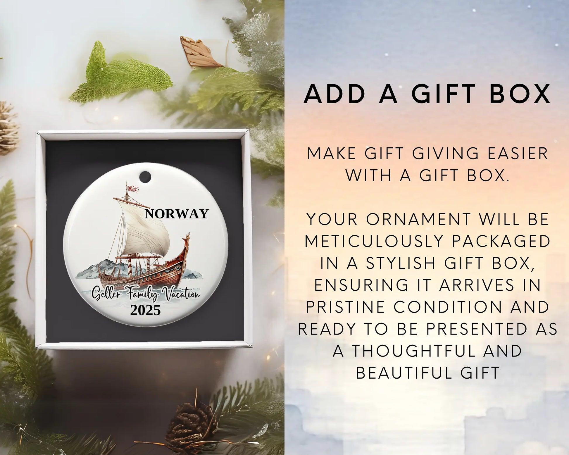 Custom vacation Norway ceramic photo ornament with personalized message – handmade Christmas bauble, gift souvenir, or vacation keepsake. Add gift box