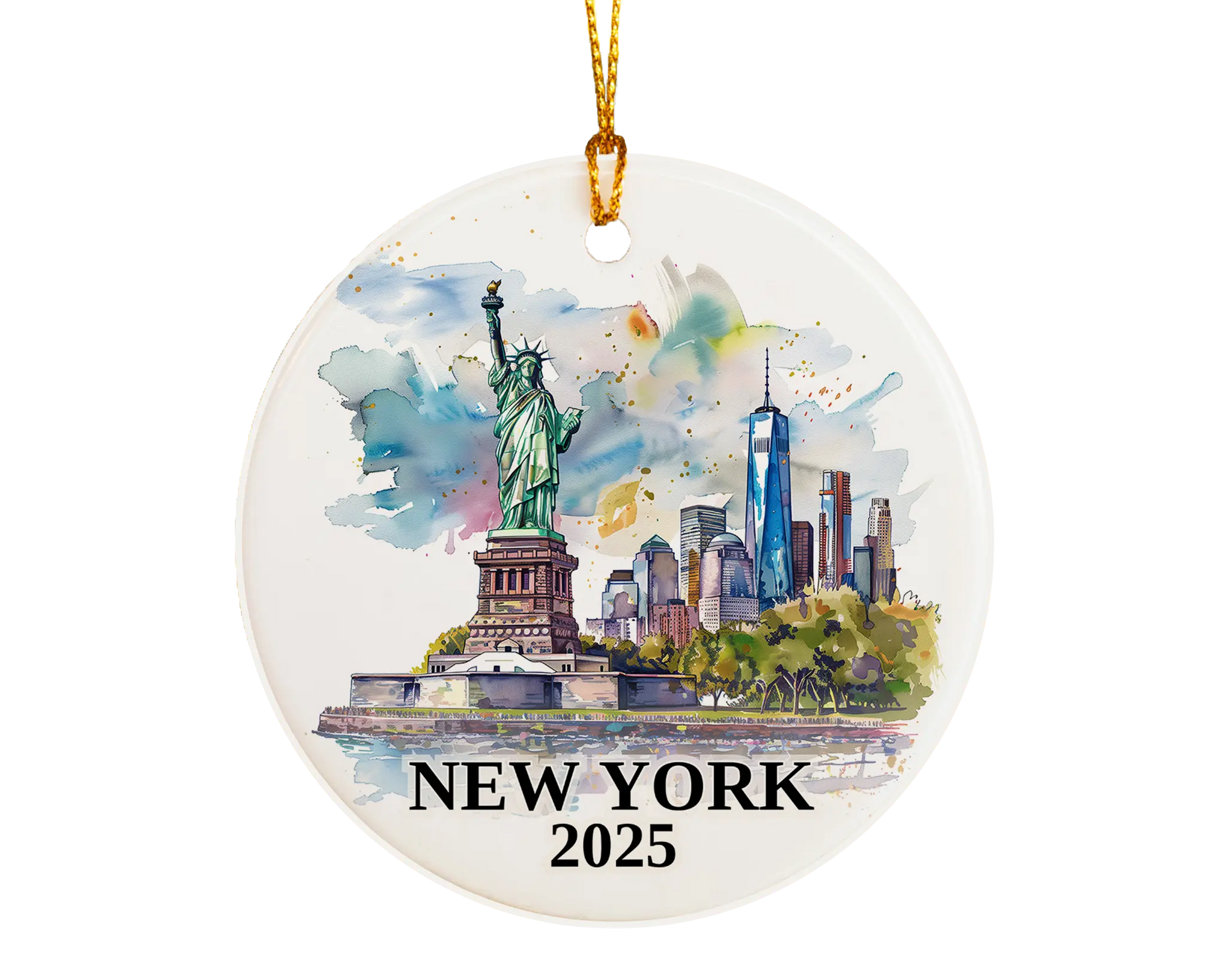 Custom New York Statue of Liberty ceramic photo ornament with personalized message – handmade Christmas bauble, gift souvenir, or vacation keepsake.  