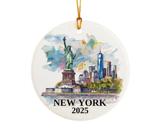 Custom New York Statue of Liberty ceramic photo ornament with personalized message – handmade Christmas bauble, gift souvenir, or vacation keepsake.  