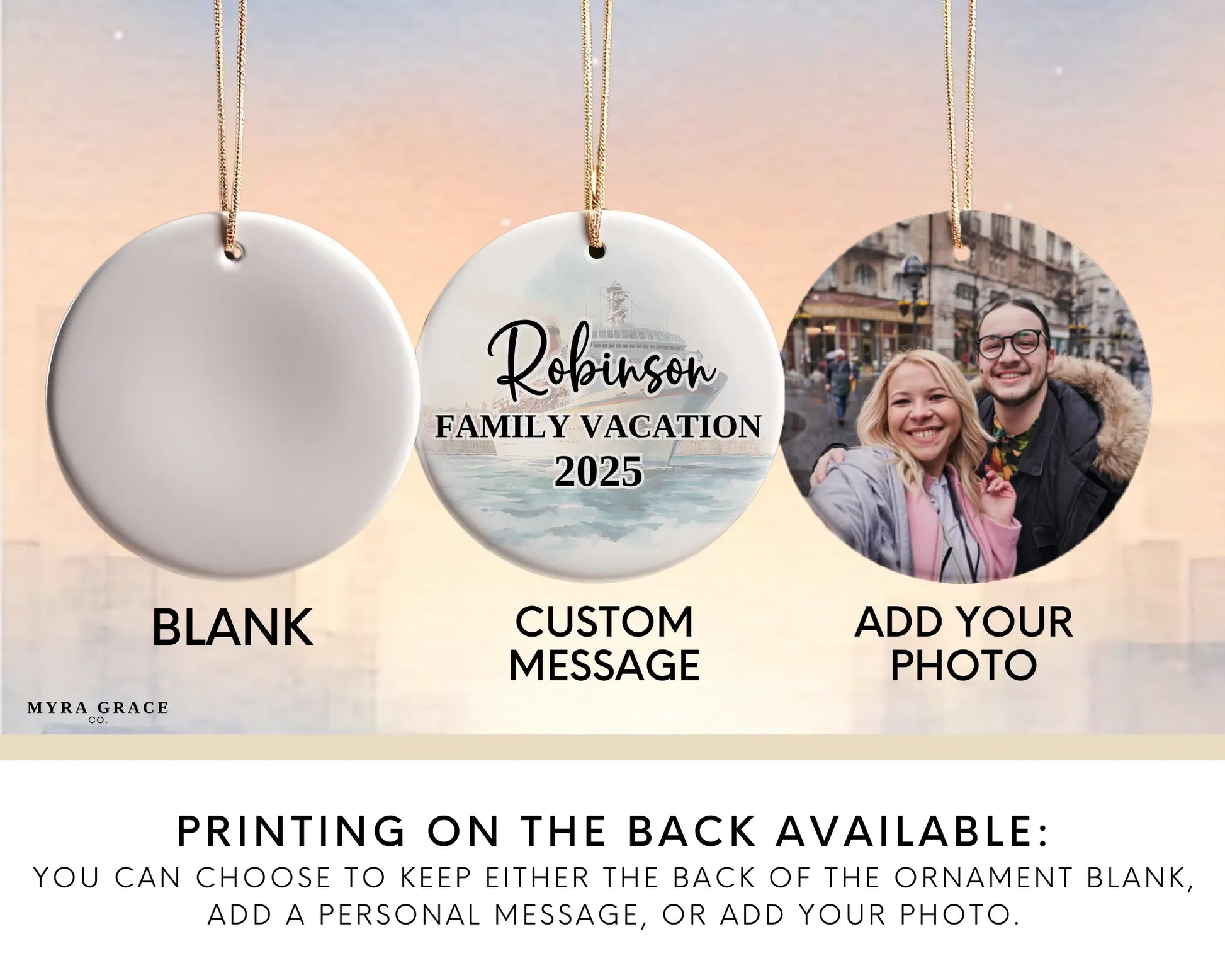 Handmade ceramic European cruise ornament with personalized location and photo – custom Christmas bauble or cruise vacation souvenir. Add your photo