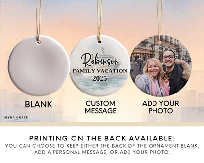 Handmade ceramic European cruise ornament with personalized location and photo – custom Christmas bauble or cruise vacation souvenir. Add your photo