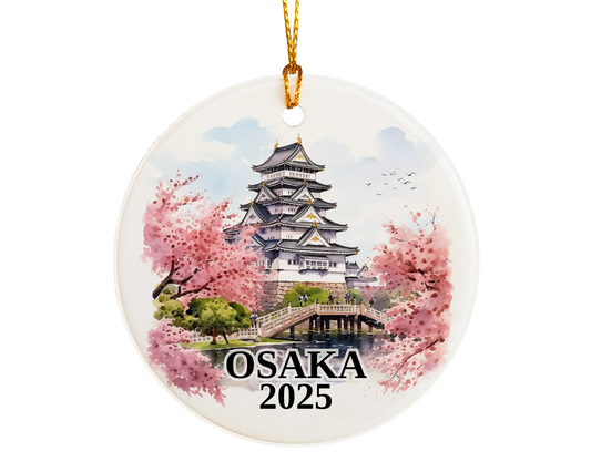 Custom Osaka Japan ceramic photo ornament with personalized message – handmade Christmas bauble, gift souvenir, or vacation keepsake. 